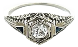 Antique 18k Gold Art Deco Diamond & Blue Sapphire Filigree Ring, Size 8