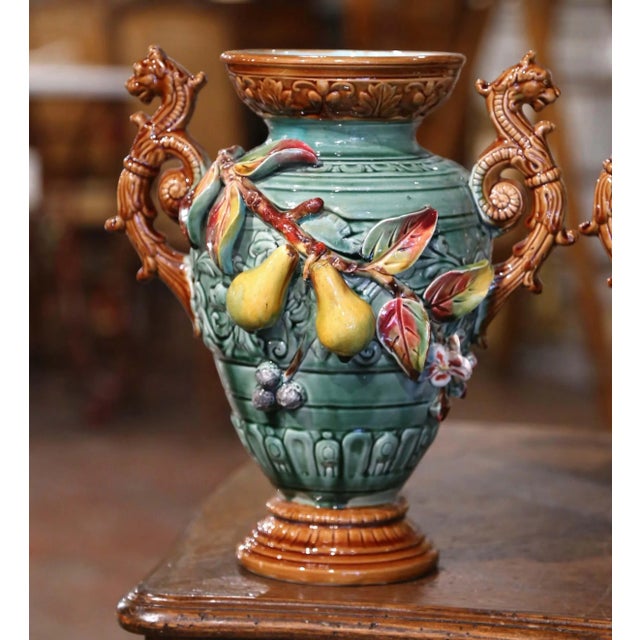 French Pair of 19th Century French Barbotine Majolica Vases With Pears For Sale - Image 3 of 11