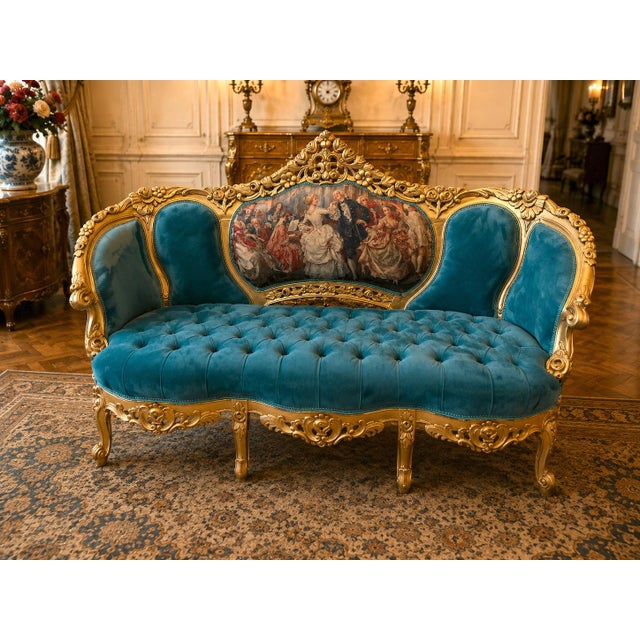 1900s French Louis XVI Blue/Green/Teal Velvet Sofa Set-5 Pc For Sale - Image 4 of 18