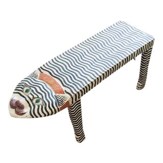 Vintage Folk Art Carved & Painted Big Cat Bench For Sale