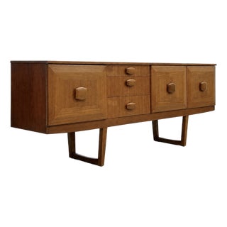 Mid Century Modern Teak Credenza by Stonehill | Long Sideboard With Funky Sculpted Pulls and Sled Legs, Made in England, C. 1960’s For Sale