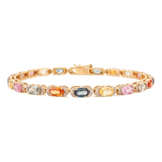 Luxury 6.13Ct Multi Sapphire & Diamond Halo Contemporary Tennis Bracelet in 14k Gold For Sale