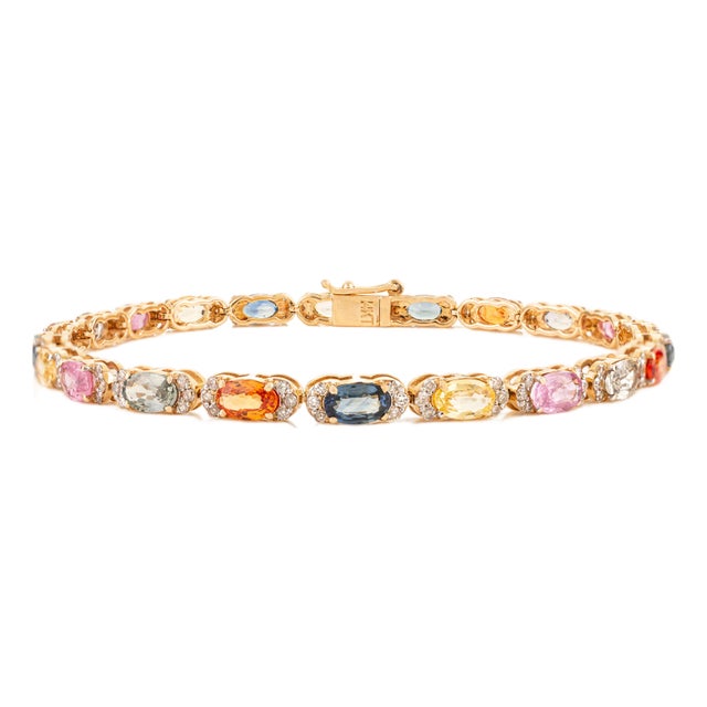 Luxury 6.13Ct Multi Sapphire & Diamond Halo Contemporary Tennis Bracelet in 14k Gold For Sale