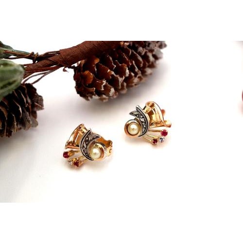 Gold and Silver Earrings with Diamond Chips and Encrusted Stones, Set of 2 For Sale - Image 4 of 6