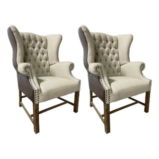 Pair of Wingback Chairs Upholstered in Leather and Linen, 21st Century For Sale