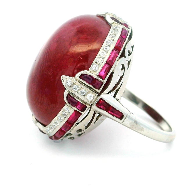 Vintage Platinum Cabochon Ruby, Ruby and Diamond Statement Ring, Size 6.5 For Sale - Image 9 of 15