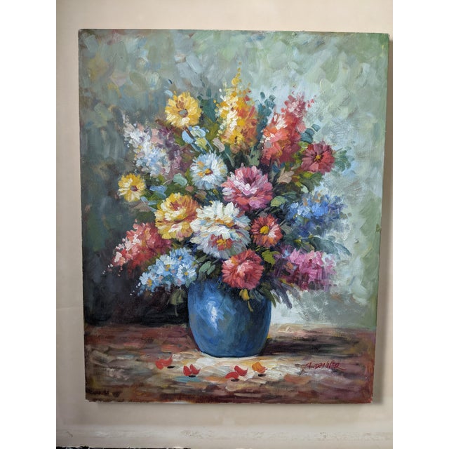 Textile Mid 20th Century Impressionist Still Life Floral Bouquet Oil Painting Signed For Sale - Image 7 of 9