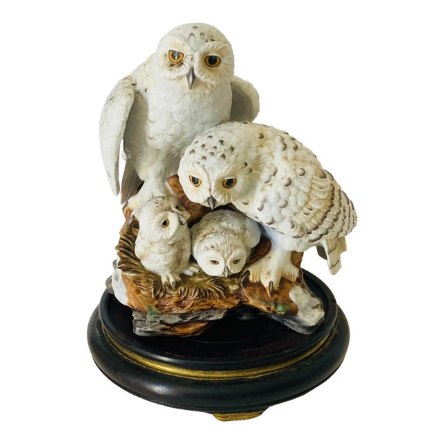 Gorgeous 1950s Japanese Porcelain Sculpture of Owls on Stand For Sale