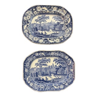 19th Century Pair of Staffordshire Wild Rose Blue and White Large Platters For Sale