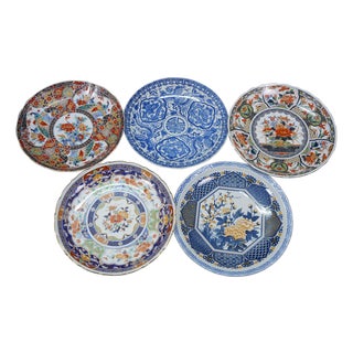 Vintage Japanese Blue White & Polychrome Imari Charger Plates 12" - 5 pcs For Sale