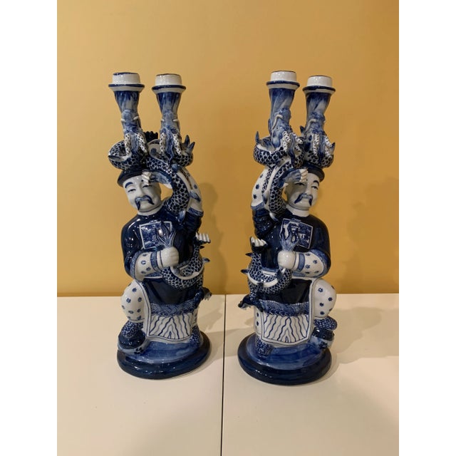 Blue & White Chinese Porcelain Figural Serpentine Candle Holders - Set of 2 For Sale - Image 12 of 12