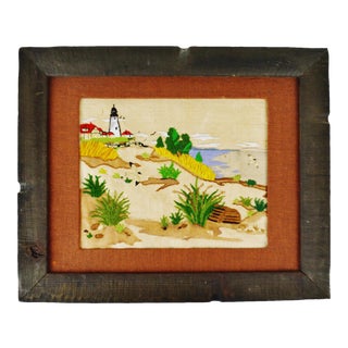Vintage Rustic Framed Embroidery of Nautical Lighthouse Coastal Seascape Scene For Sale