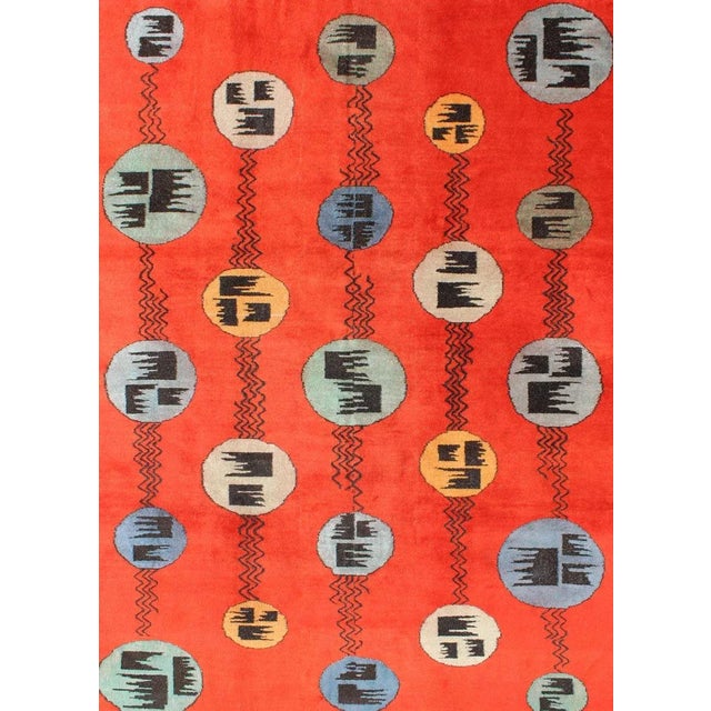 Art Deco Design Vintage Turkish Rug With Circular Motifs in Orange Red Colors For Sale - Image 4 of 13