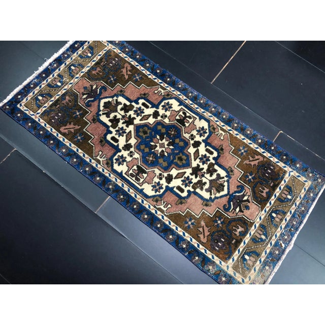 Boho Chic Vintage Turkish Anatolian Handmade Wool Brown and Blue Small Rug For Sale - Image 3 of 6