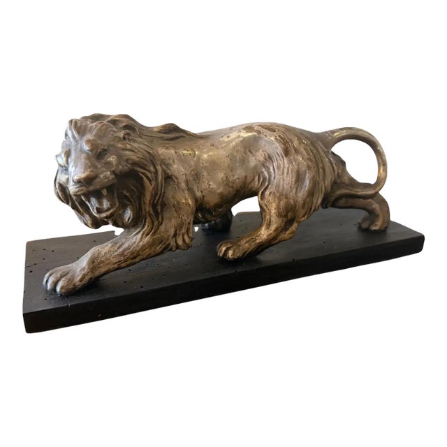 A 1940s Art Deco Silver Plate on Copper Italian Sculpture of a Roaring Lion For Sale