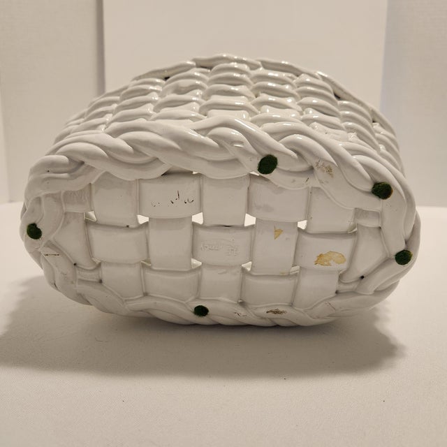 Vintage Mid-Century Italian White Woven Ceramic Lattice Basket With Rope Handle Majolica Style For Sale In Orlando - Image 6 of 11