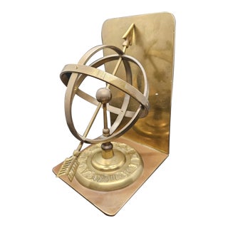 Vintage Brass Armillary Arrow Sphere Roman Numeral Office Bookend For Sale