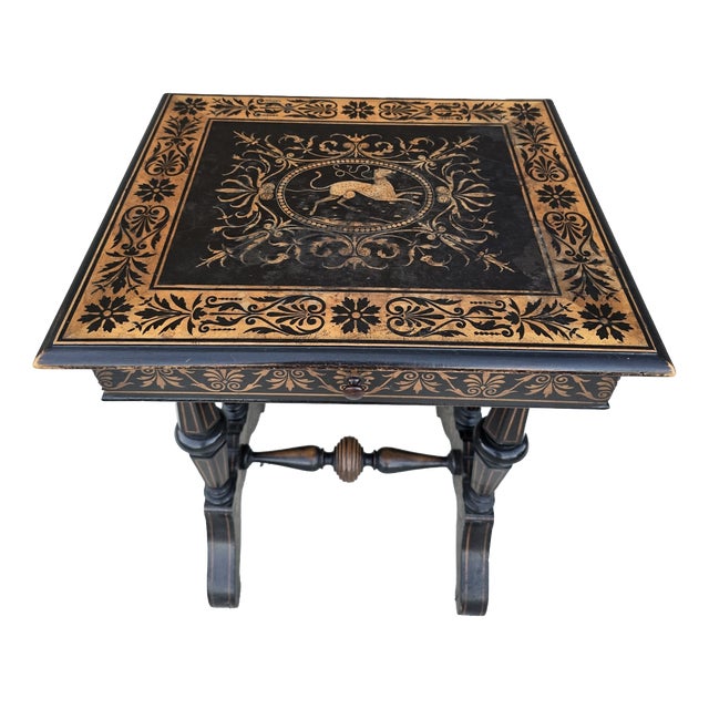 Antique Neo-Renaissance Italian Ebonized Marquetry Worktable with Leopard Motif, 1880s For Sale
