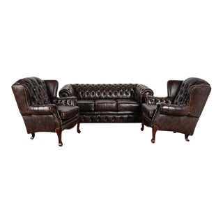 Vintage Leather Set of Chesterfield Sofa and Pair of Wingback Arm Chairs, Denmark Circa 1980 For Sale