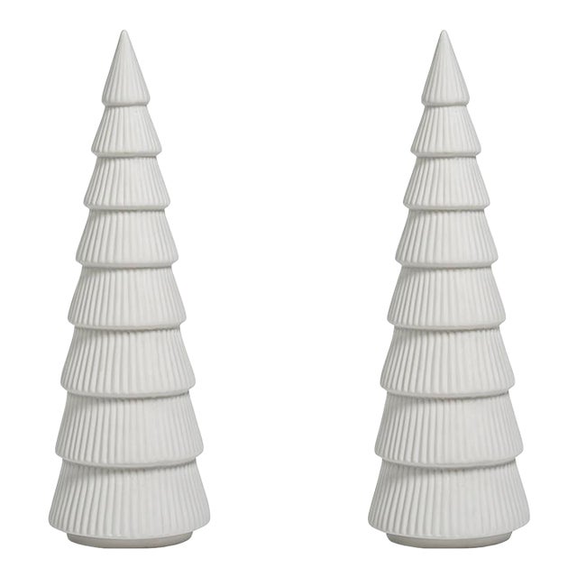 Matte White Holiday Tree Sculptures, Set of 2, 4" x 12" For Sale