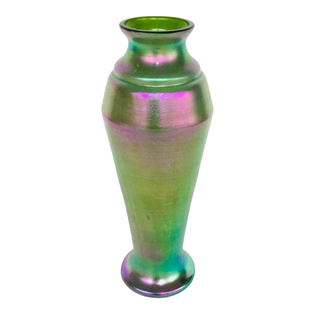 Vintage 1930’s Green Iridescent Kralik Czech Art Glass Vase For Sale