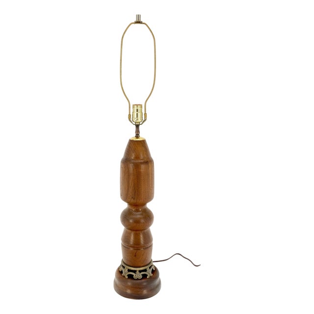 Large Heavy Turned Solid Teak Base Table Lamp Mid Century Modern MINT For Sale