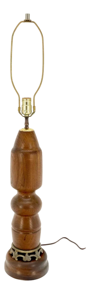 Large Heavy Turned Solid Teak Base Table Lamp Mid Century Modern MINT