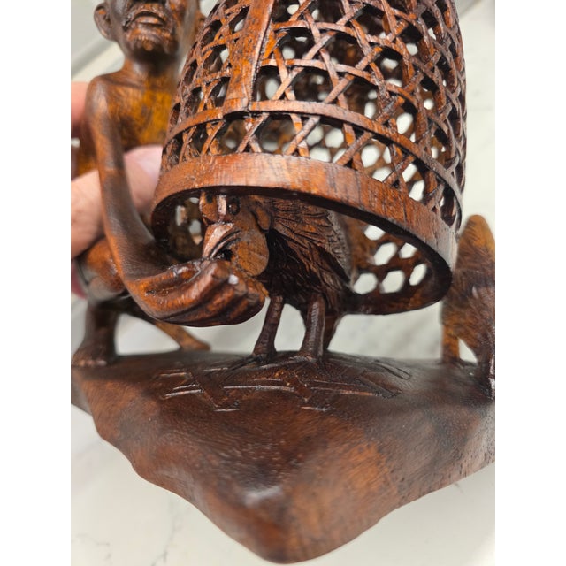 Large 8.5" Mid-Century Balinese Teak Cockfighter With Tripple-Rooster Openwork Cage Masterwork For Sale - Image 10 of 12