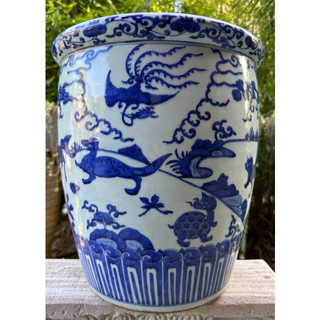 17th Century Antique Chinese Ming Dynasty Deer Phoenix Mythical Porcelain Jardiniere Planter Pot For Sale In San Diego - Image 6 of 12