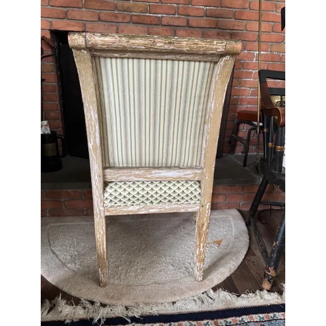 French Pair of Antique French Louis XVI–Style Bergère Chairs, Green & White Striped Upholstery For Sale - Image 3 of 7