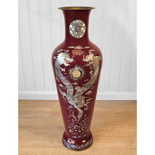 Vintage 41" Chinese Chinoiserie Red Enamel & Mother of Pearl Inlay Dragon Floor For Sale - Image 4 of 10