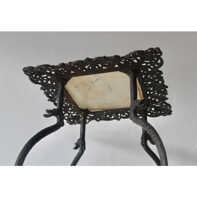 Vintage Wrought Iron Two Tier Marble Victorian Dragon Head Details Jardinière Plant Stand For Sale - Image 14 of 18