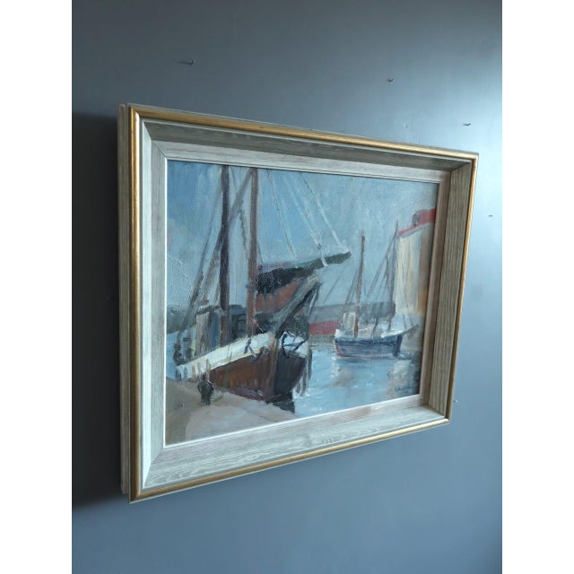 1953 Mid-Century Modern 'Harbour at Rest' Vintage Original Swedish Expressive Seascape Oil Painting, Framed For Sale - Image 4 of 11