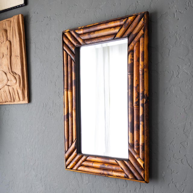 Vintage Tortoise Shell Burnt Bamboo Bevelled Mirror For Sale - Image 13 of 15