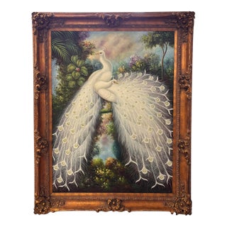 Large White Peacock Garden Oil Painting in Antique Ornate Gilt Florentine-Style Frame For Sale