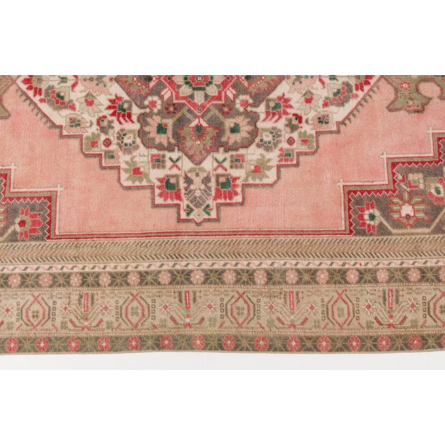Pink Vintage Turkish Area Rug, 9'9" X 5'4" Hand-Knotted Floral Oushak Carpet, Soft Pink and Taupe Decorative Wool and Cotton Blend Rug For Sale - Image 8 of 9