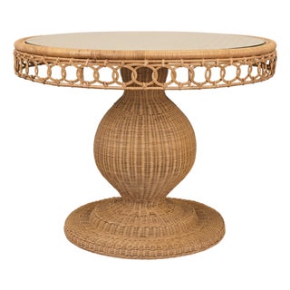 Matthew Izzo Home Gabrielle 40" Woven Rattan Pedestal Dining Table With Glass Top For Sale
