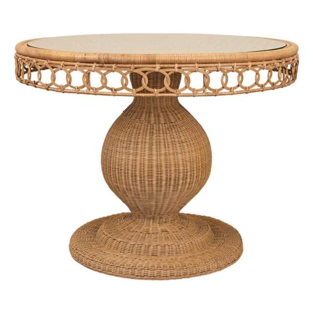 Matthew Izzo Home Gabrielle 40" Woven Rattan Pedestal Dining Table With Glass Top For Sale