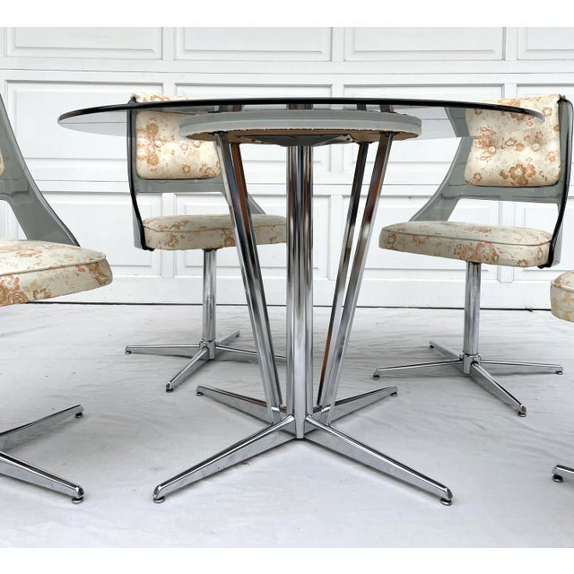 Chrome MCM Smoky Glass, Lucite and Chrome Dining Table Set For Sale - Image 8 of 13