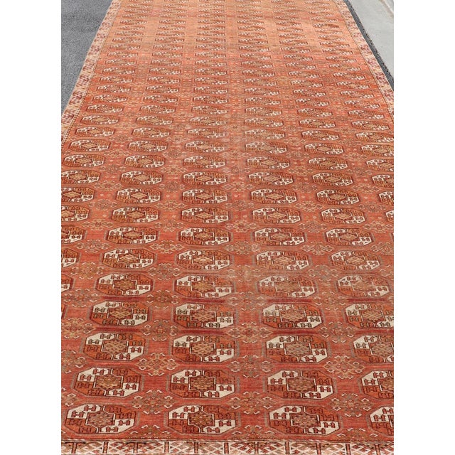 Ivory Antique Tekke Rug With Gul Motif in Rich Coral and Ivory Tones 8'0 X 18'10 For Sale - Image 8 of 12