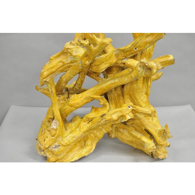 Vintage Mid Century Modern Large Driftwood Yellow Painted Tiki Room Table Lamp For Sale In Philadelphia - Image 6 of 12