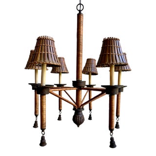 Vintage Gabriella Crespi Style Wrapped Split Reed Rattan Six Arm Chandelier With Bamboo Shades and Tole Tassels For Sale