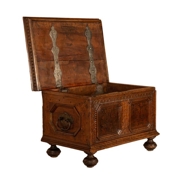 A rare antique early 18th century carved walnut strongbox chest, dated and dedicated, Simmern, Germany 1737. This very...