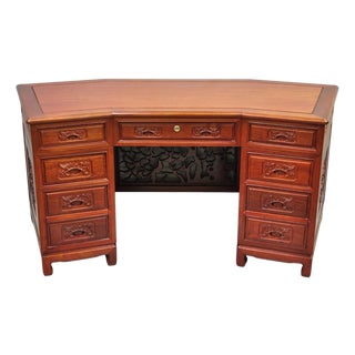 Vintage Chinese Bird Carved Hardwood Kneehole Writing Desk With Decorated Back For Sale