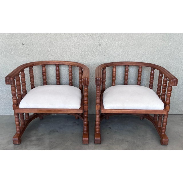 Early 20th Century Pair of Spanish Slatted Barrel Back Hand Carved Chairs For Sale - Image 16 of 18