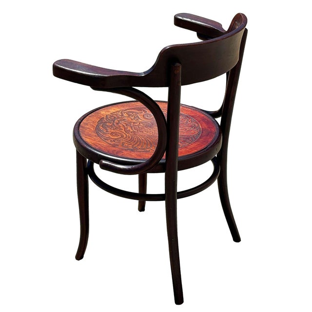 Antique Art Nouveau Bent Oak Desk Chair W/ Carved Shell Motif Seat by Fischel For Sale - Image 4 of 8