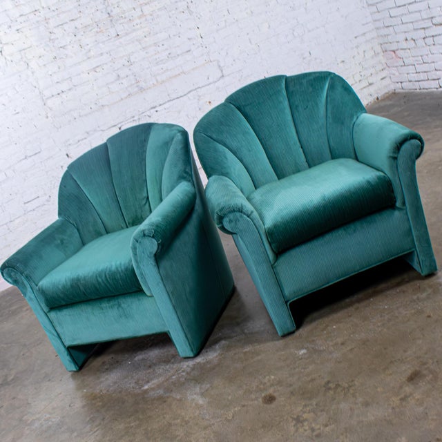Teal 1980’s Art Deco Revival Hollywood Regency Channeled Fan Back Club Chairs W/Teal Chenille Fabric by Perfection Furniture, a Pair For Sale - Image 8 of 18