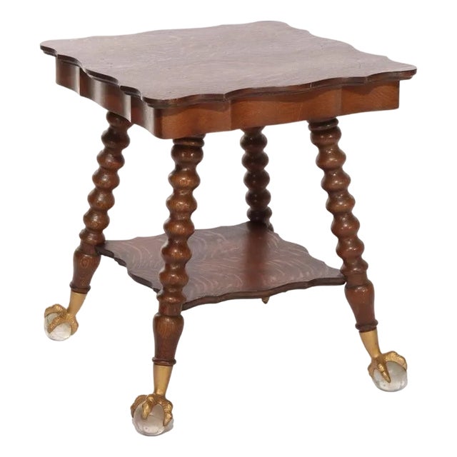 Large Antique Rj Horner School Carved Oak Lamp Table With Gilt & Crystal Feet For Sale