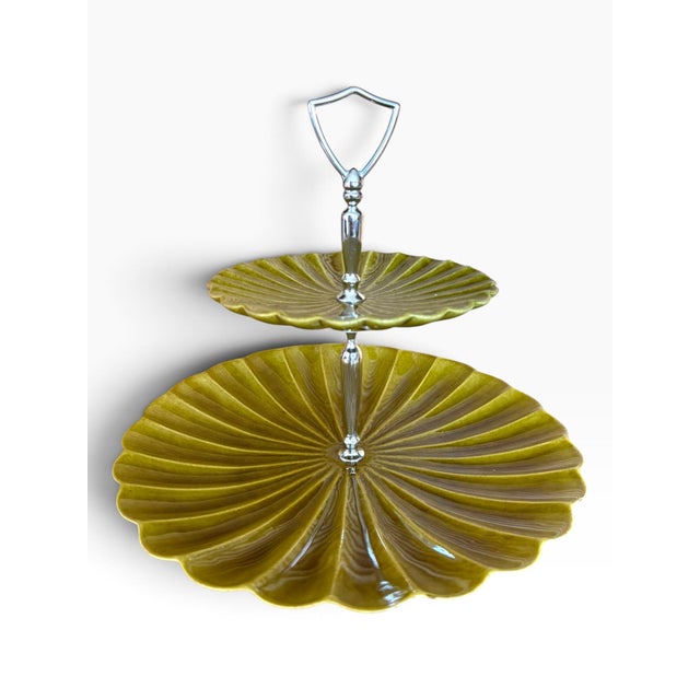 Maddux of California Vintage Maddux of California C603 Pearlized Olive Green & Gold Two-Tier Serving Stand For Sale - Image 4 of 5