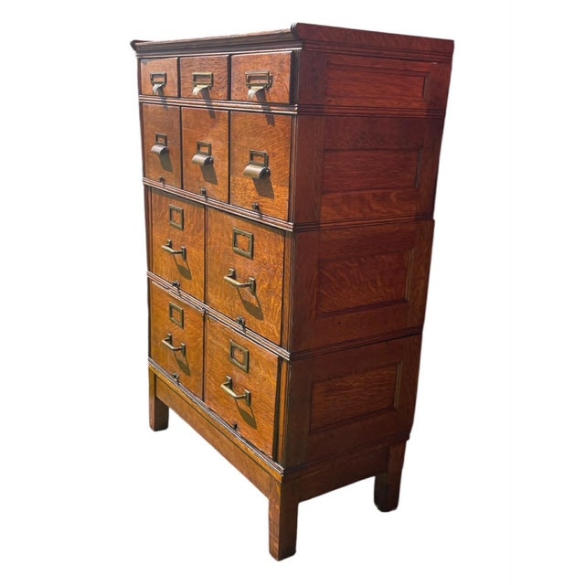 Brown Rare 10 Drawer Antique Yawman and Erbe Mfg. Co. Oak Filing Cabinet With Brass Fittings C. 1900-1910 For Sale - Image 8 of 18